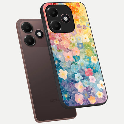  Rainbow Blossom Burst phone case For Oppo A6C 5G showing premium glass back cover with detailed artwork