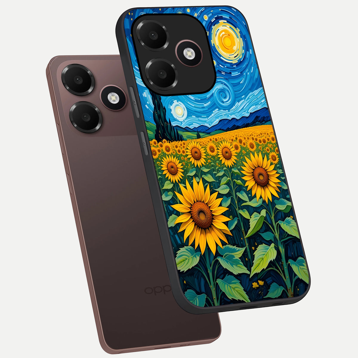  Starry Sunflower Dreams phone case For Oppo A6C 5G showing premium glass back cover with detailed artwork