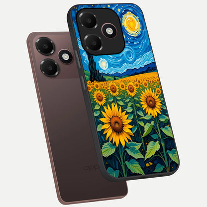  Starry Sunflower Dreams phone case For Oppo A6C 5G showing premium glass back cover with detailed artwork