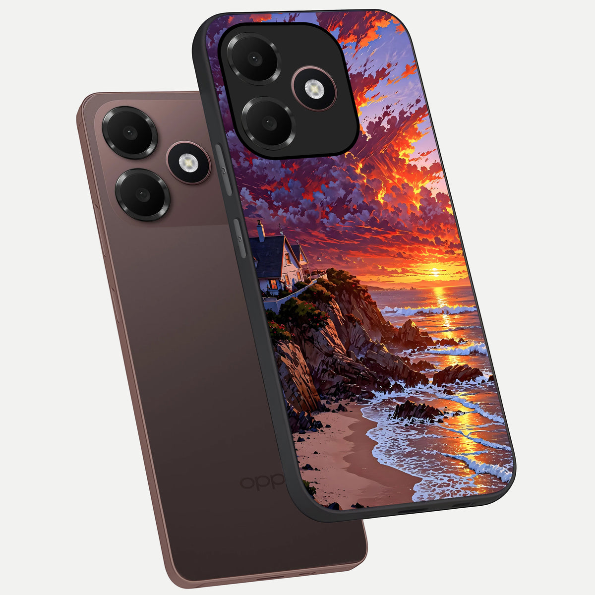  Sunset House By Sea phone case For Oppo A6C 5G showing premium glass back cover with detailed artwork