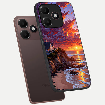  Sunset House By Sea phone case For Oppo A6C 5G showing premium glass back cover with detailed artwork
