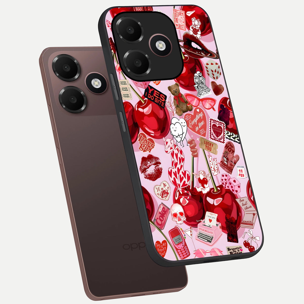  Sweet Cherry Chaos phone case For Oppo A6C 5G showing premium glass back cover with detailed artwork