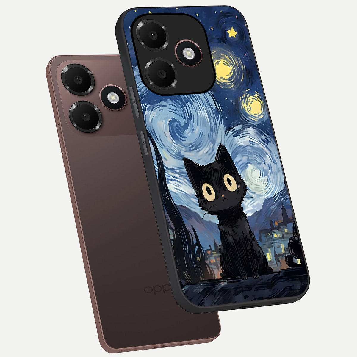 Van Gogh Cat phone case For Oppo A6C 5G showing premium glass back cover with detailed artwork