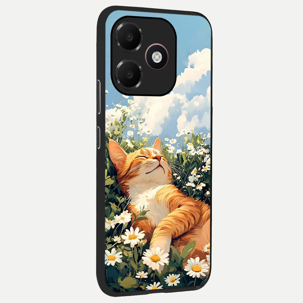  Cat And Flowers View back cover For Oppo A6C 5G slim fit glass case with vibrant aesthetic design