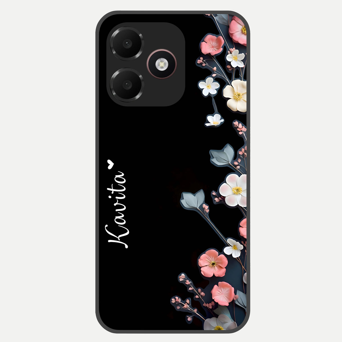  Black Elegance Floral Custom Name Glass Case For Oppo A6C 5G back cover – full design glossy printed glass finish