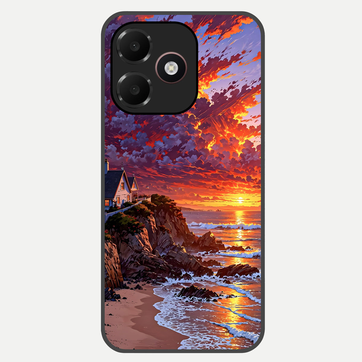 Sunset House By Sea Glass Case For Oppo A6C 5G back cover – full design glossy printed glass finish
